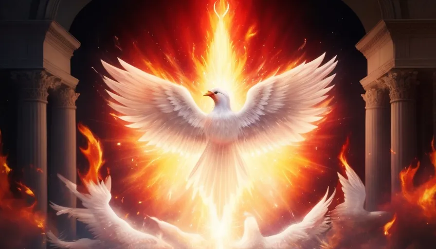 a group of white birds flying over a fire filled building