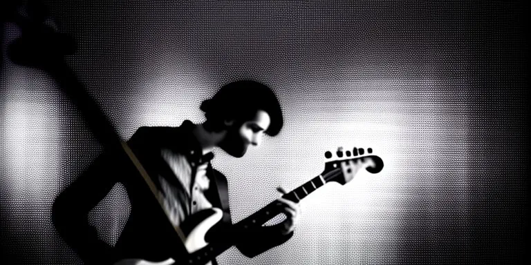 a man playing a guitar in a dark room