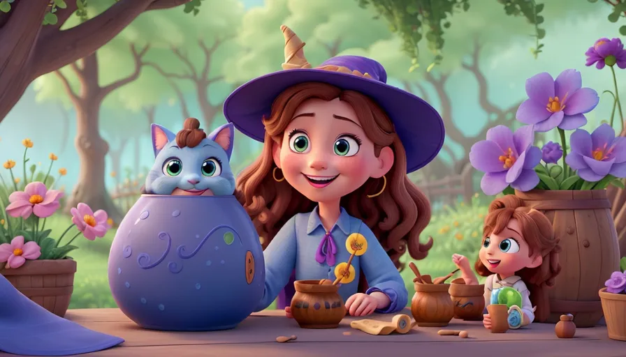 a little girl and a cat in a cartoon scene