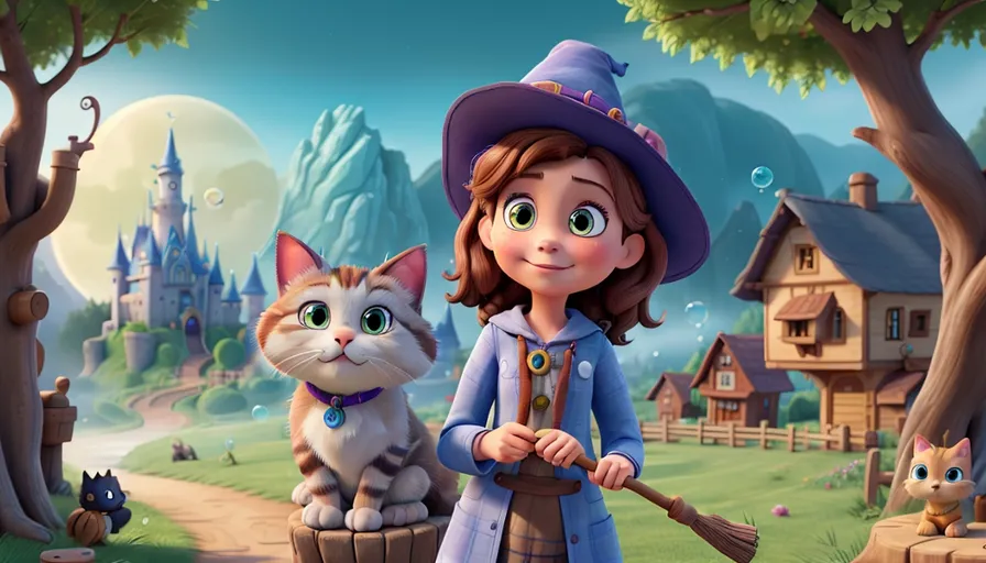 a little girl with a broom and a cat