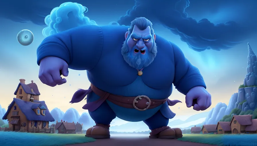 a cartoon character standing in front of a village