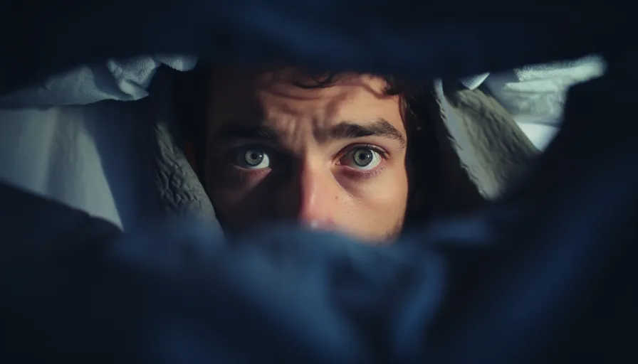 a man looking through the covers of his bed