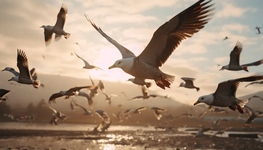 a flock of birds flying over a body of water