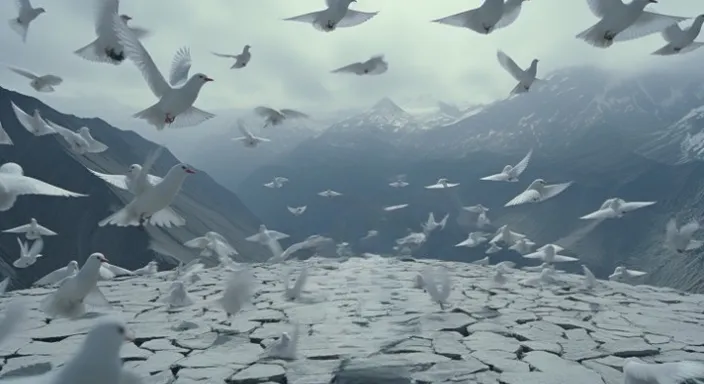 a flock of white birds flying over a mountain