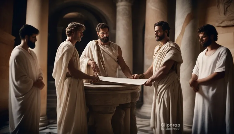 a group of men standing around a fountain