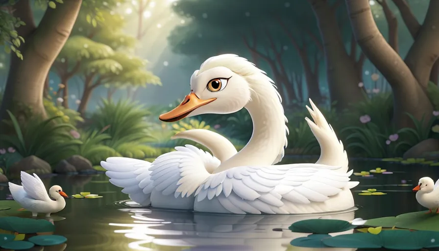 a white swan sitting on top of a lake surrounded by lily pads