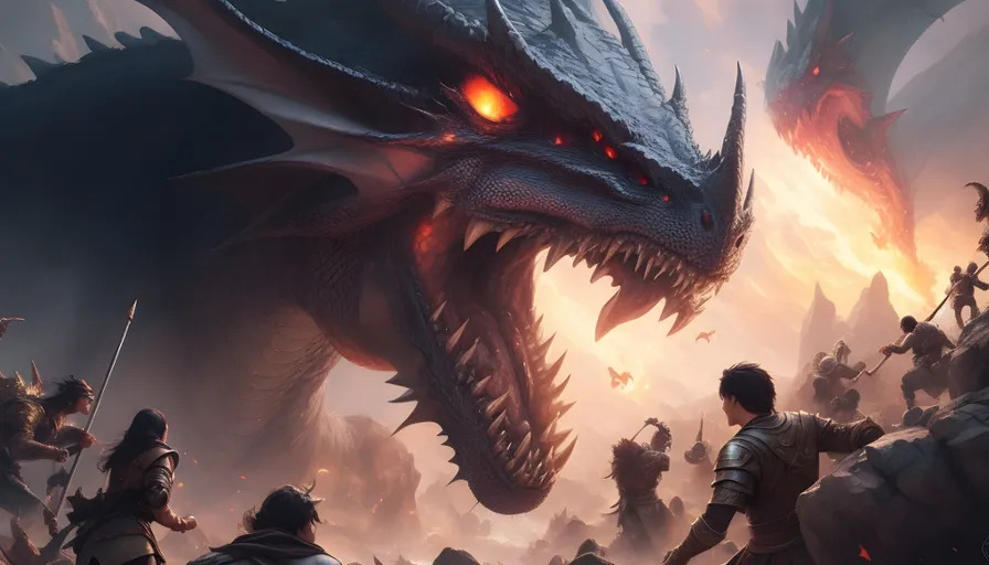 a group of people in front of a dragon