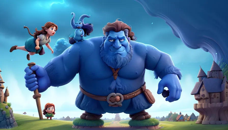 a cartoon of a blue man with two other people in front of him
