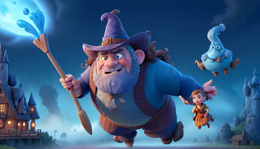 a cartoon character flying through the air with a broom