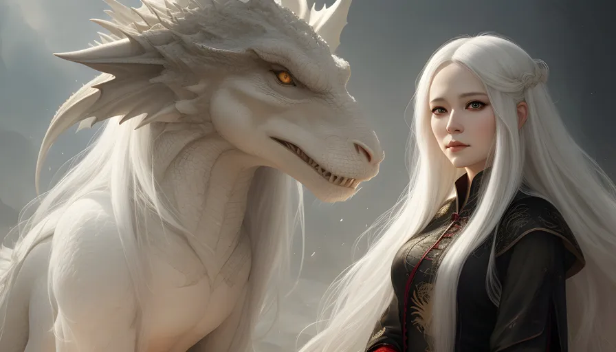 a woman standing next to a white dragon