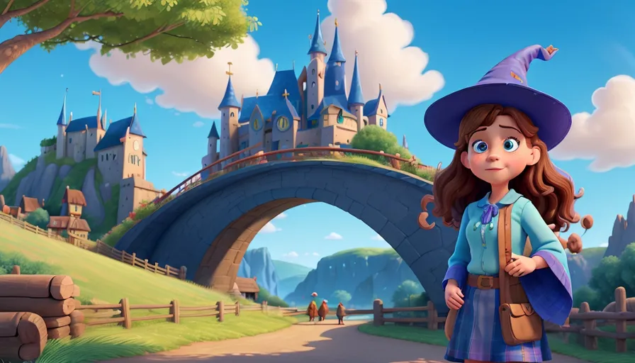 a young girl in a wizard costume standing in front of a castle