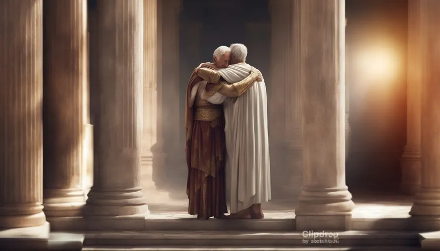 a painting of two people embracing each other