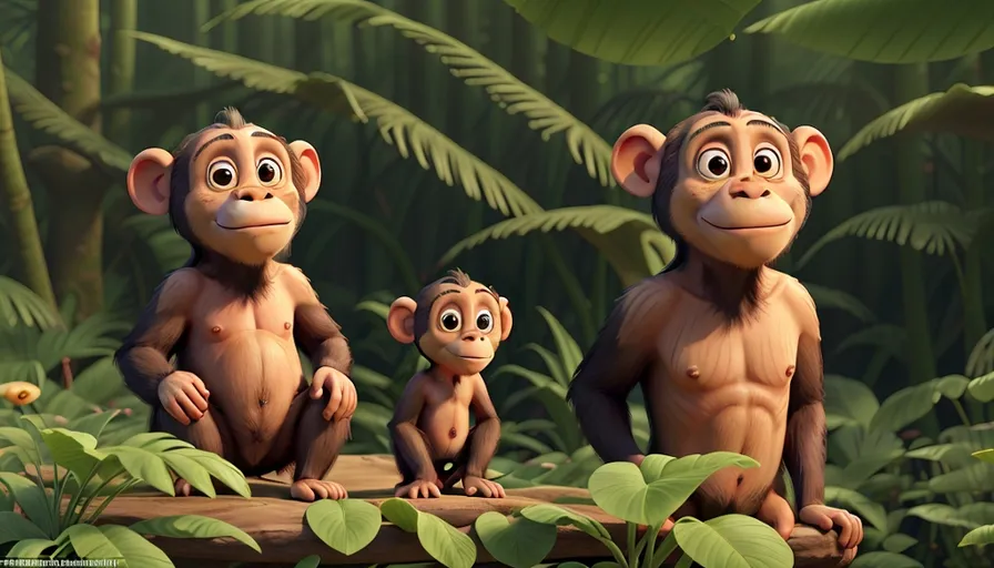 three monkeys sitting on a log in a jungle