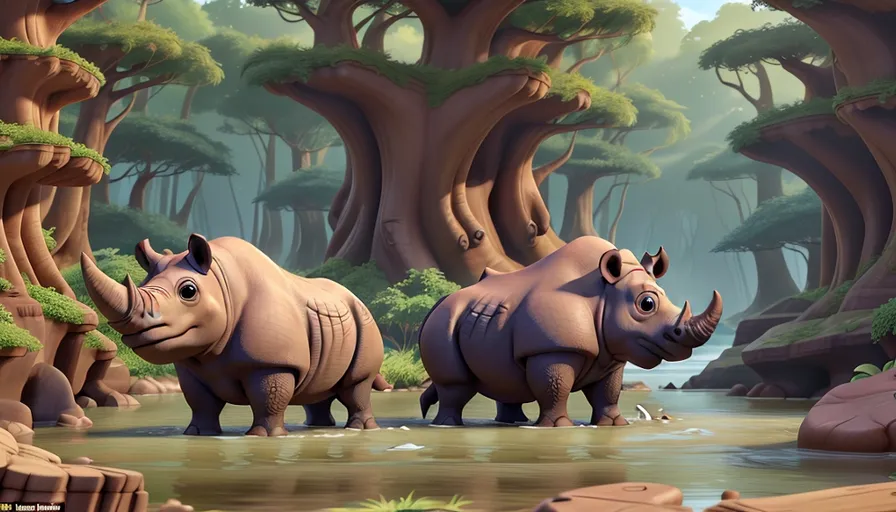 a couple of rhinos are standing in the water