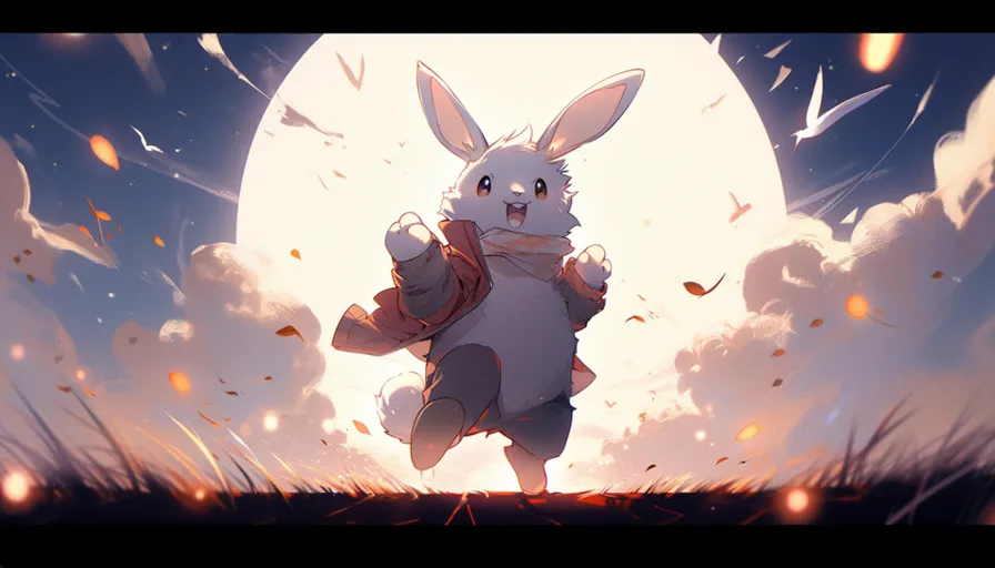 a rabbit in a field with a full moon in the background