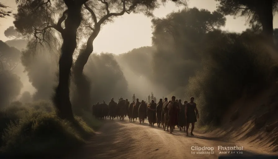 a group of people riding horses down a dirt road