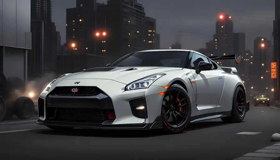 The white sports car drifts around a corner, its tires squealing as it skids sideways down the city street without changing the car's style from the original image