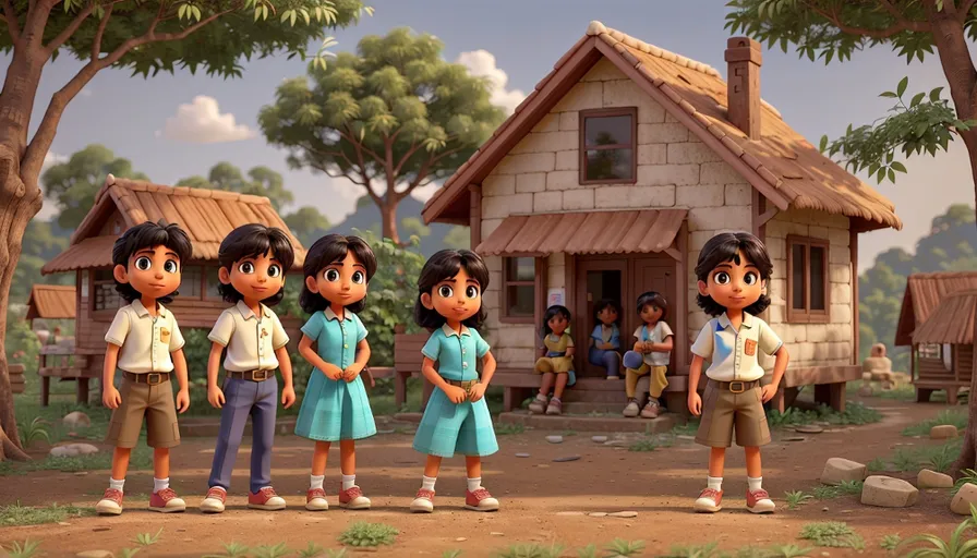 a group of children standing in front of a house