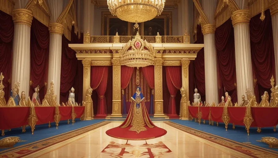 a fancy room with a chandelier and red curtains