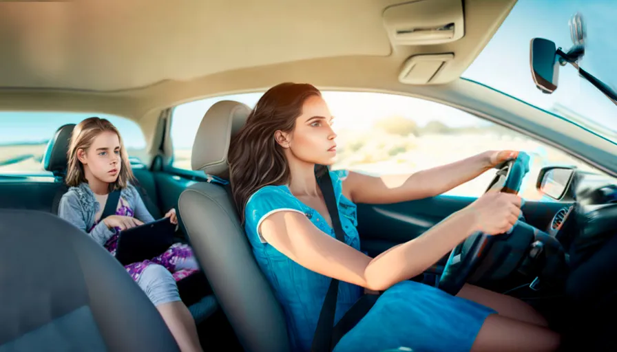 two girls sitting in the drivers seat of a car