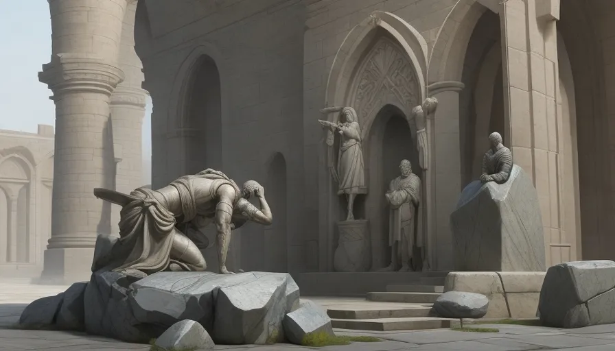 a statue of a man kneeling down in front of a building