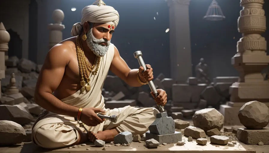 a man in a white turban holding a hammer