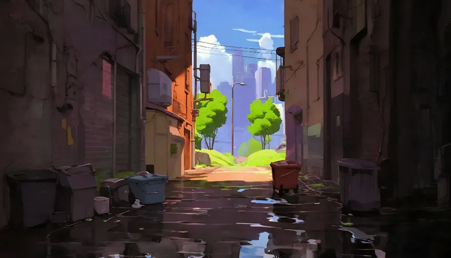 a painting of an alleyway with trash cans and trash cans