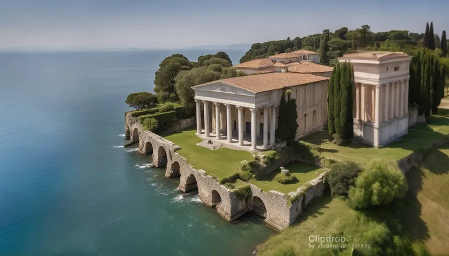 an aerial view of a large building near the water