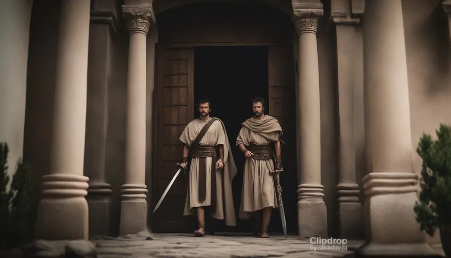 two men in roman garb standing in front of a doorway