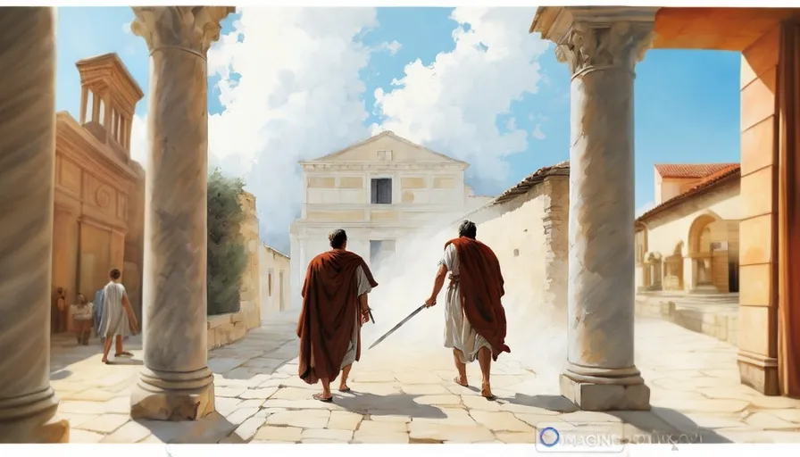 a painting of two men walking down a street