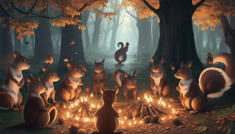 a group of squirrels sitting around a fire in a forest