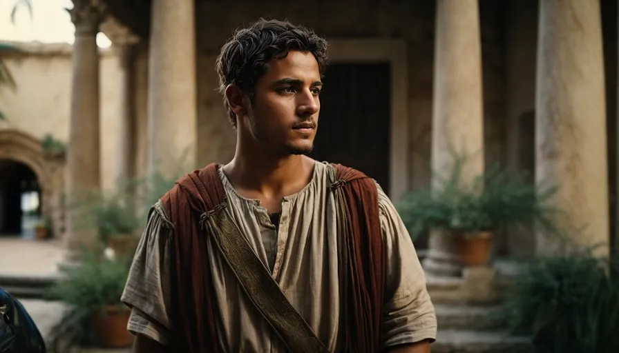 a man in roman clothing standing in front of a building