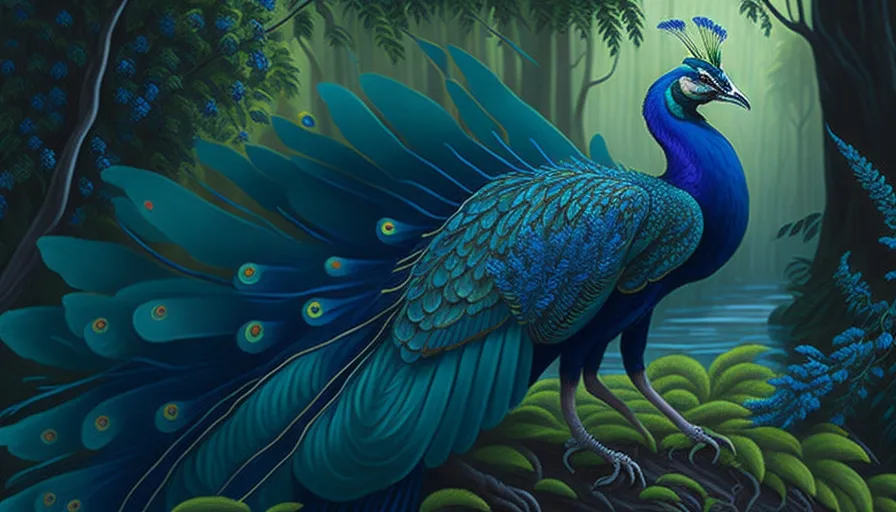 a painting of a peacock in a forest