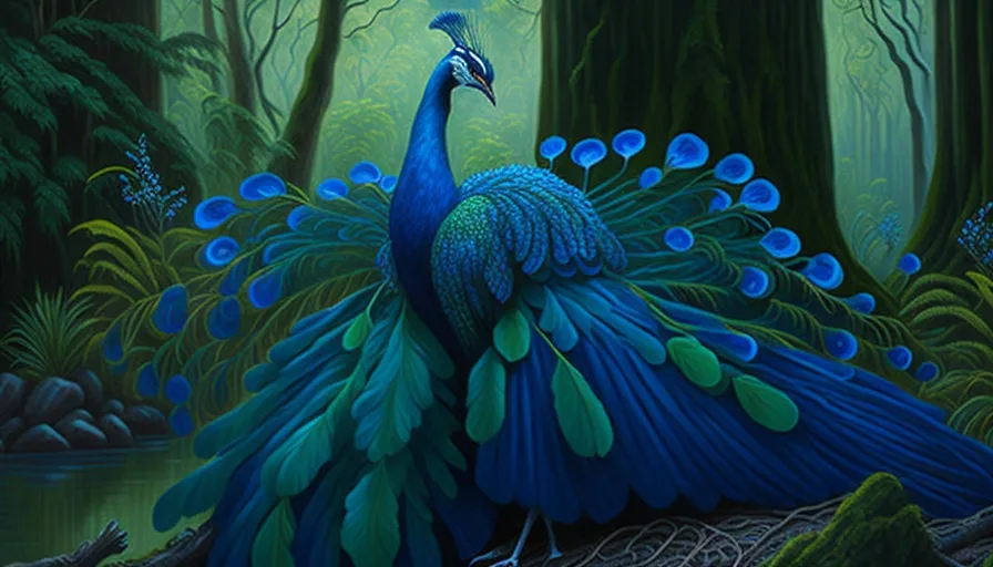 a painting of a peacock in a forest