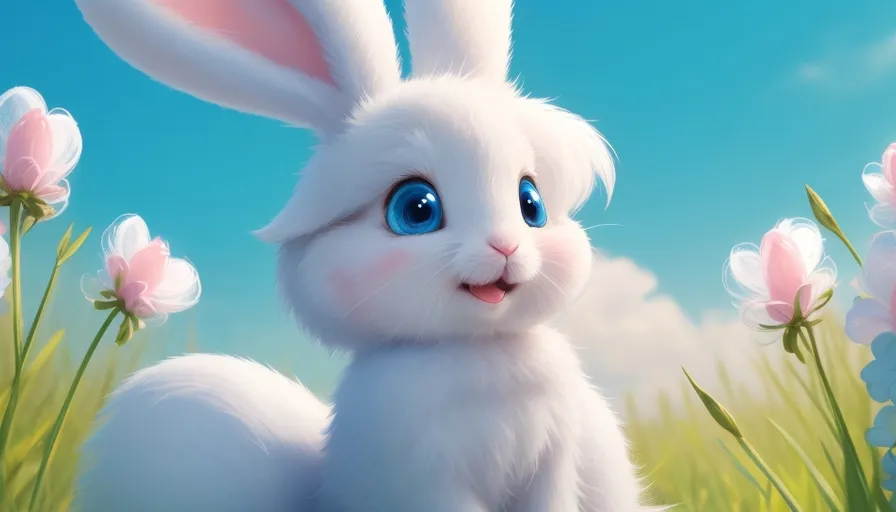 a white rabbit with blue eyes standing in a field of flowers