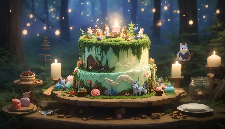 a cake with candles on a table in a forest