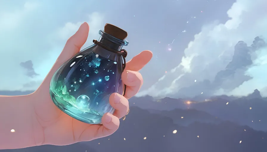 a hand holding a glass jar with a sky in the background