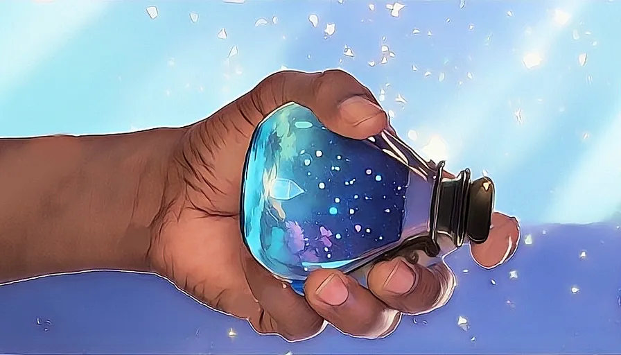 a hand holding a glass with a blue liquid inside of it