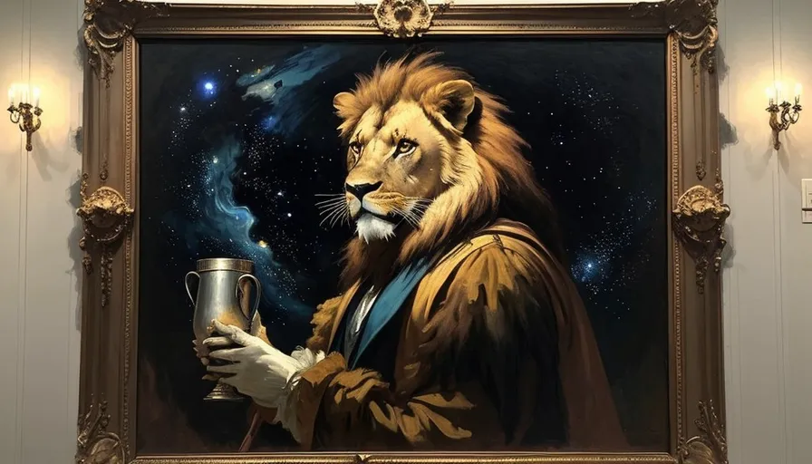 a painting of a lion holding a cup