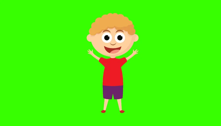 a cartoon boy standing with his hands in the air