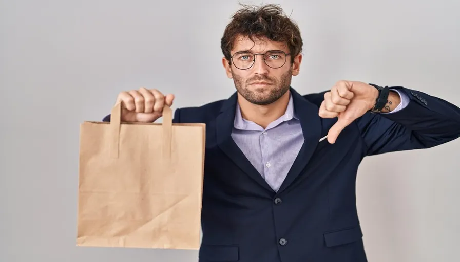 a man in a suit holding a brown paper bag