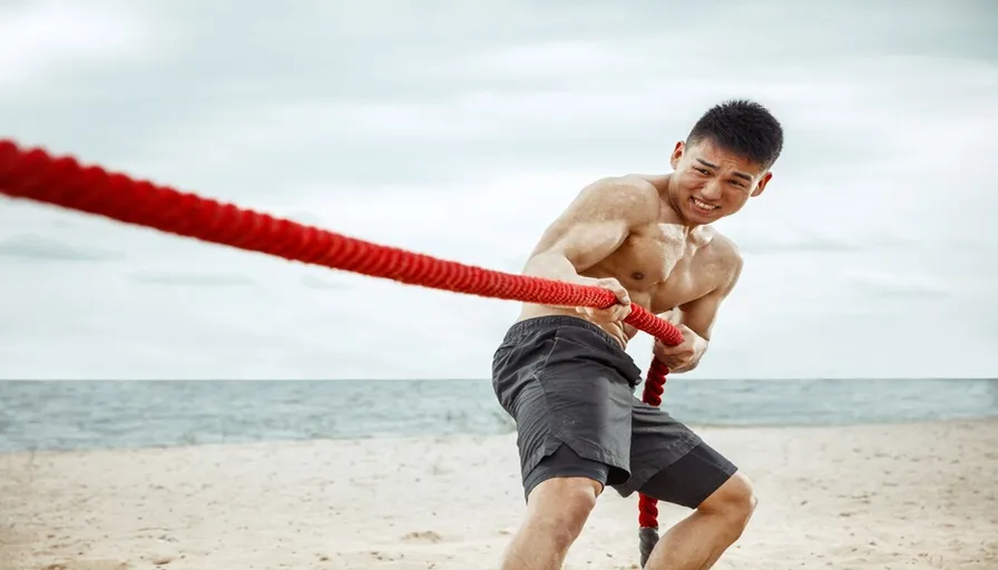 a man holding a red rope on a beach