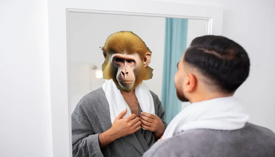 a man is standing in front of a mirror, a monkey is looking from the mirror