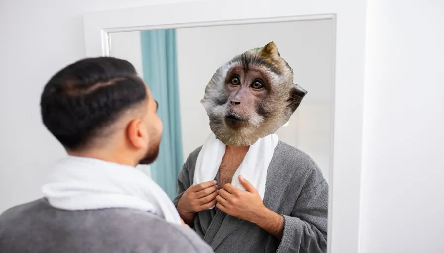 a man looking at a monkey's face in a mirror