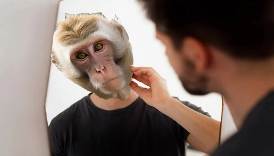 a man combing a monkey's hair in front of a mirror