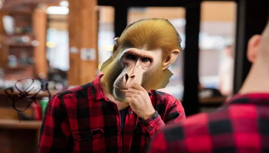 a man in a red and black shirt with a monkey mask on