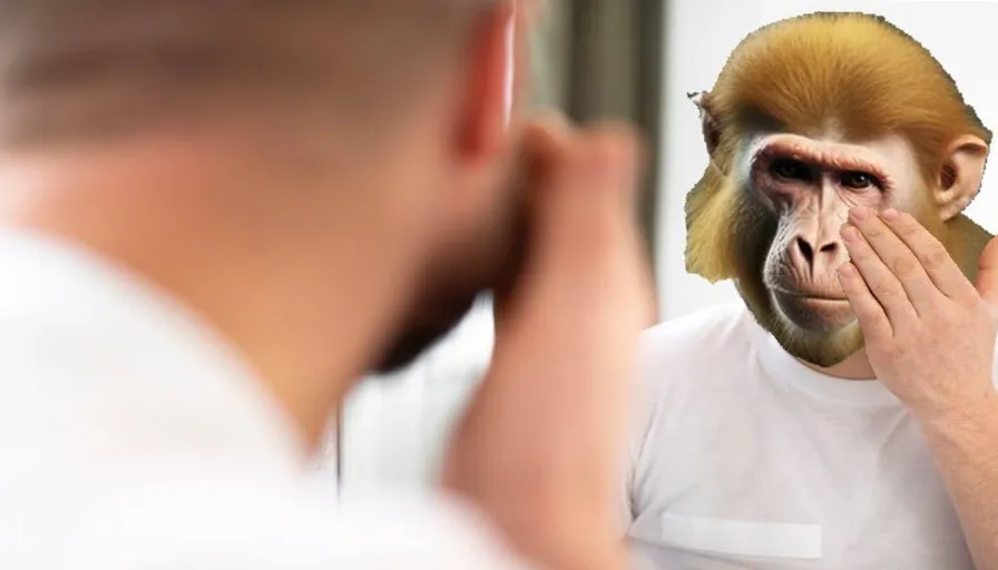 A man looks into a mirror and a monkey looks out of the mirror