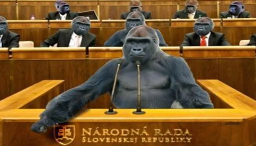 a large group of gorillas sitting in the parliament, banging their fists on the tables and jumping like monkeys