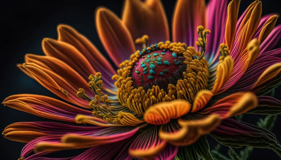 a close up of a colorful flower on a black background