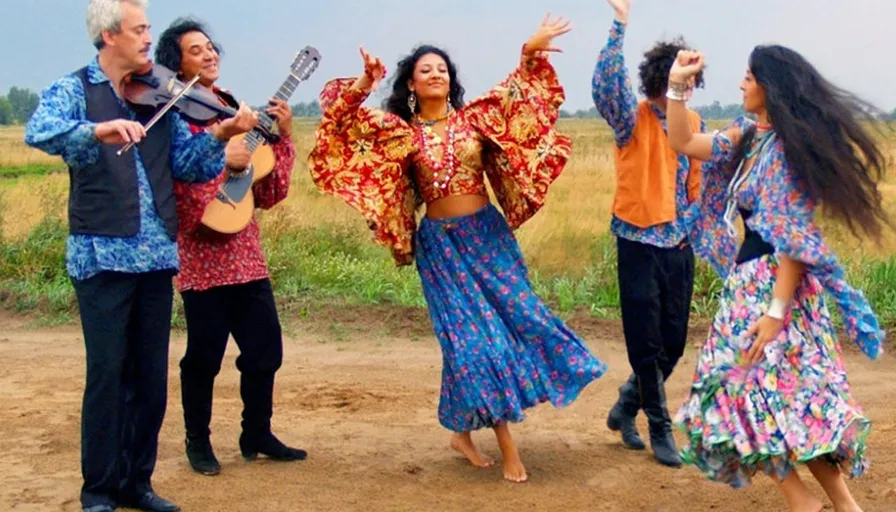 a group of spirited people standing on a dusty dirt road, one man plays the violin, the other the guitar, two women and a man dance around them, a field in the background